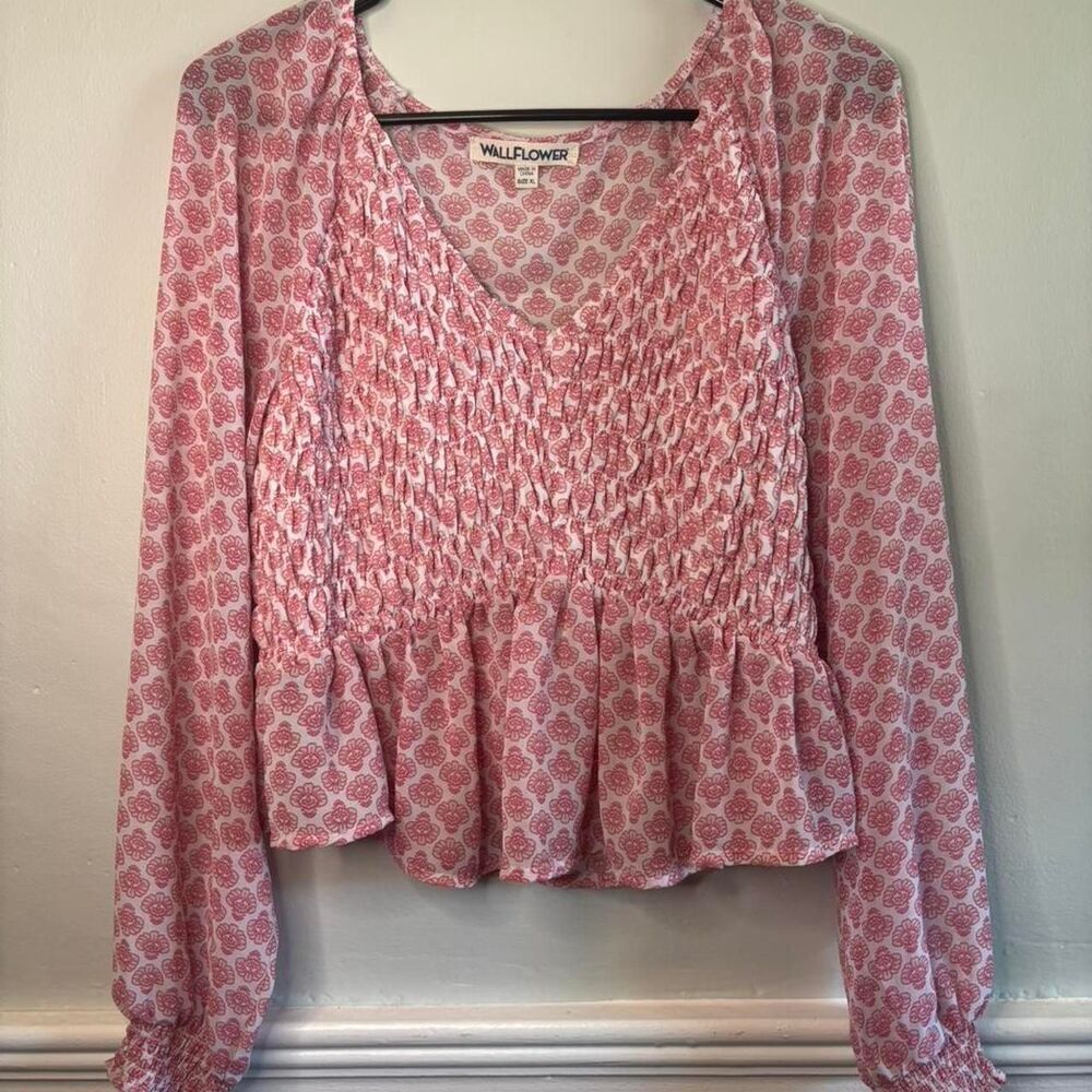 Wallflower Pink Floral Smocked Peplum Blouse XL Boho Cottagecore Top